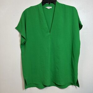 FIRST LOVE By LOVELYN Women M Green Gauze Blouse Top V Neck Cap Sleeve 6336